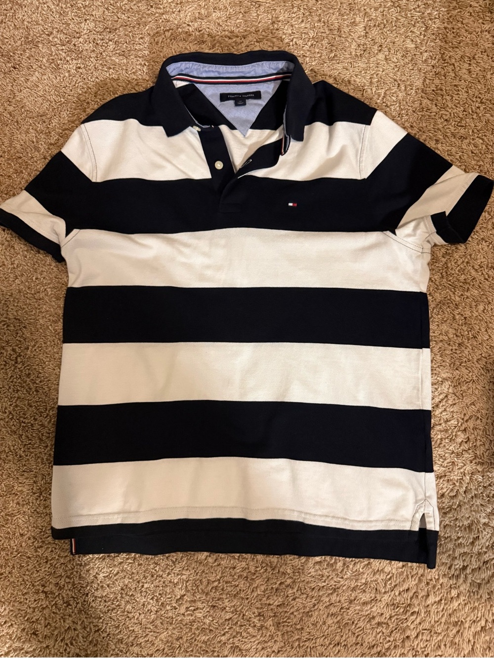 Tommy Hilfiger Navy and White Wide Stripe Polo Shirt